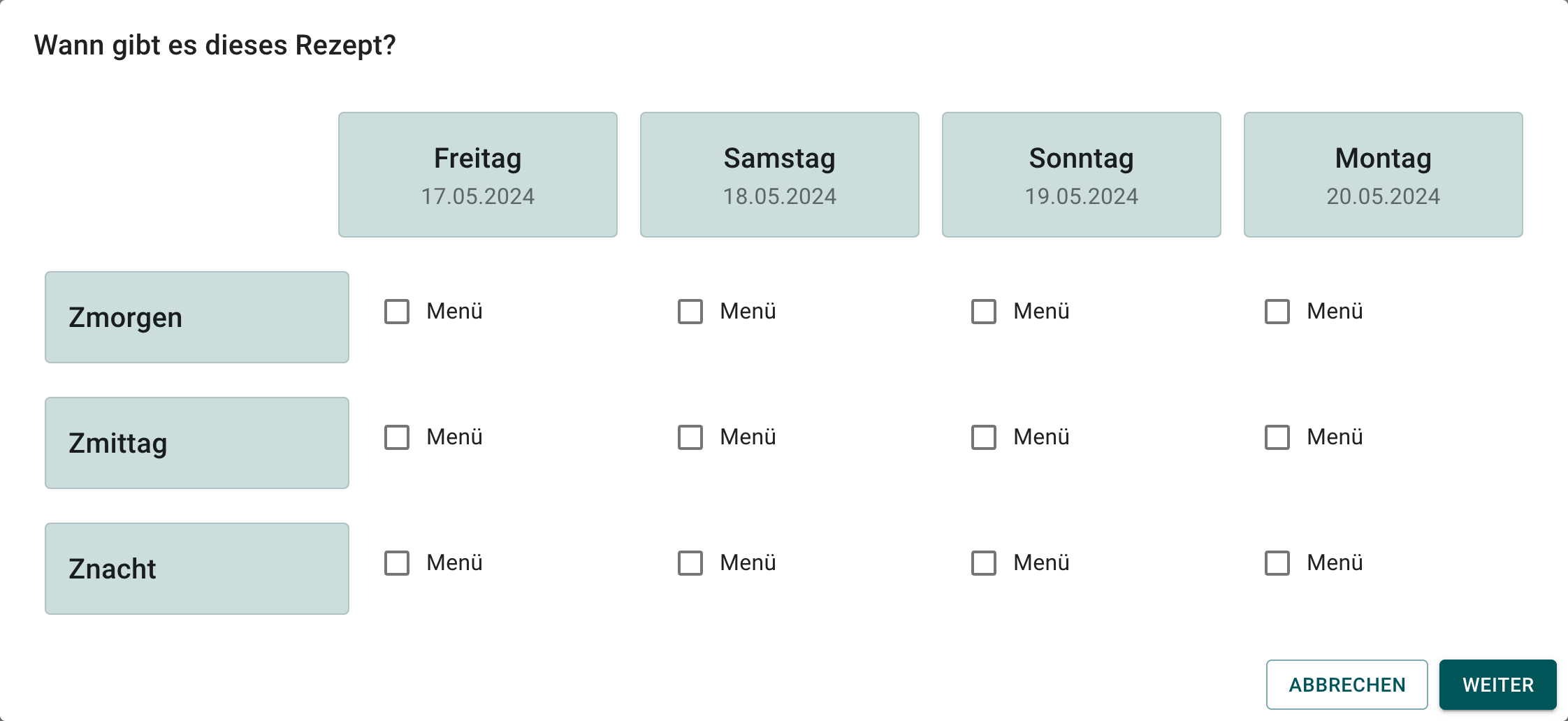 Dialog Menüauswahl