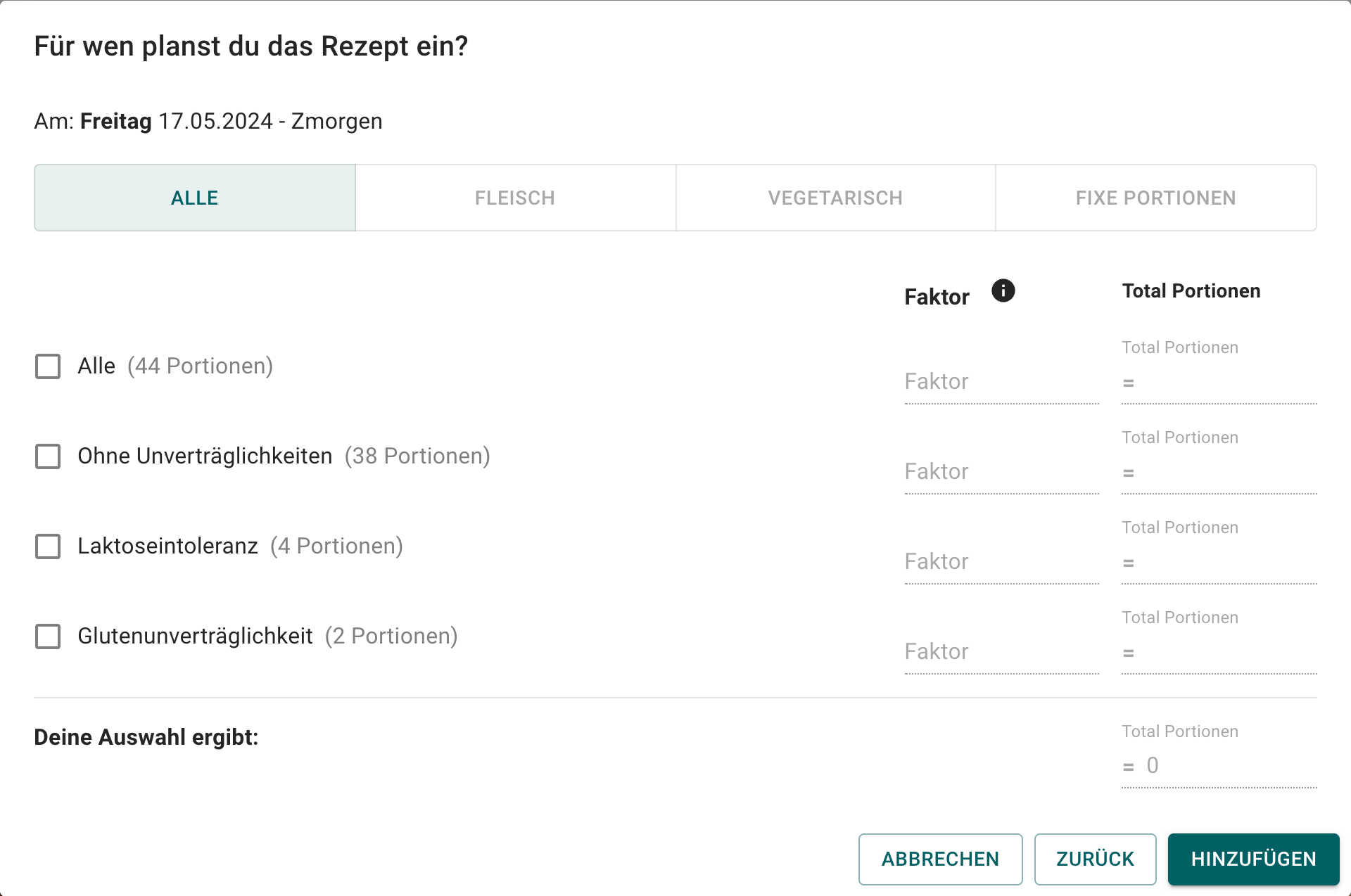 Dialog Portionen setzen