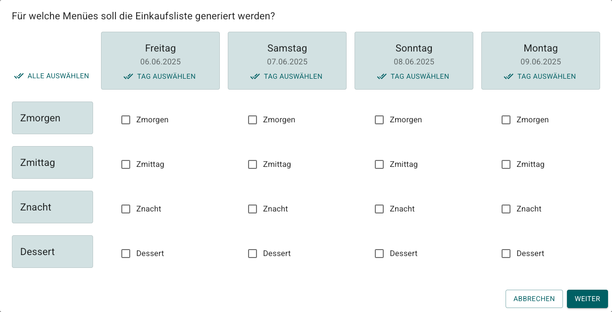 Menüauswahl für die Erstellung einer Einkaufsliste
