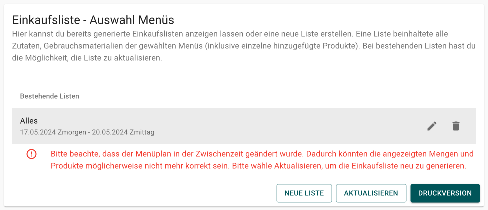 Warnung, dass Einkaufsliste aktualisiert werden muss