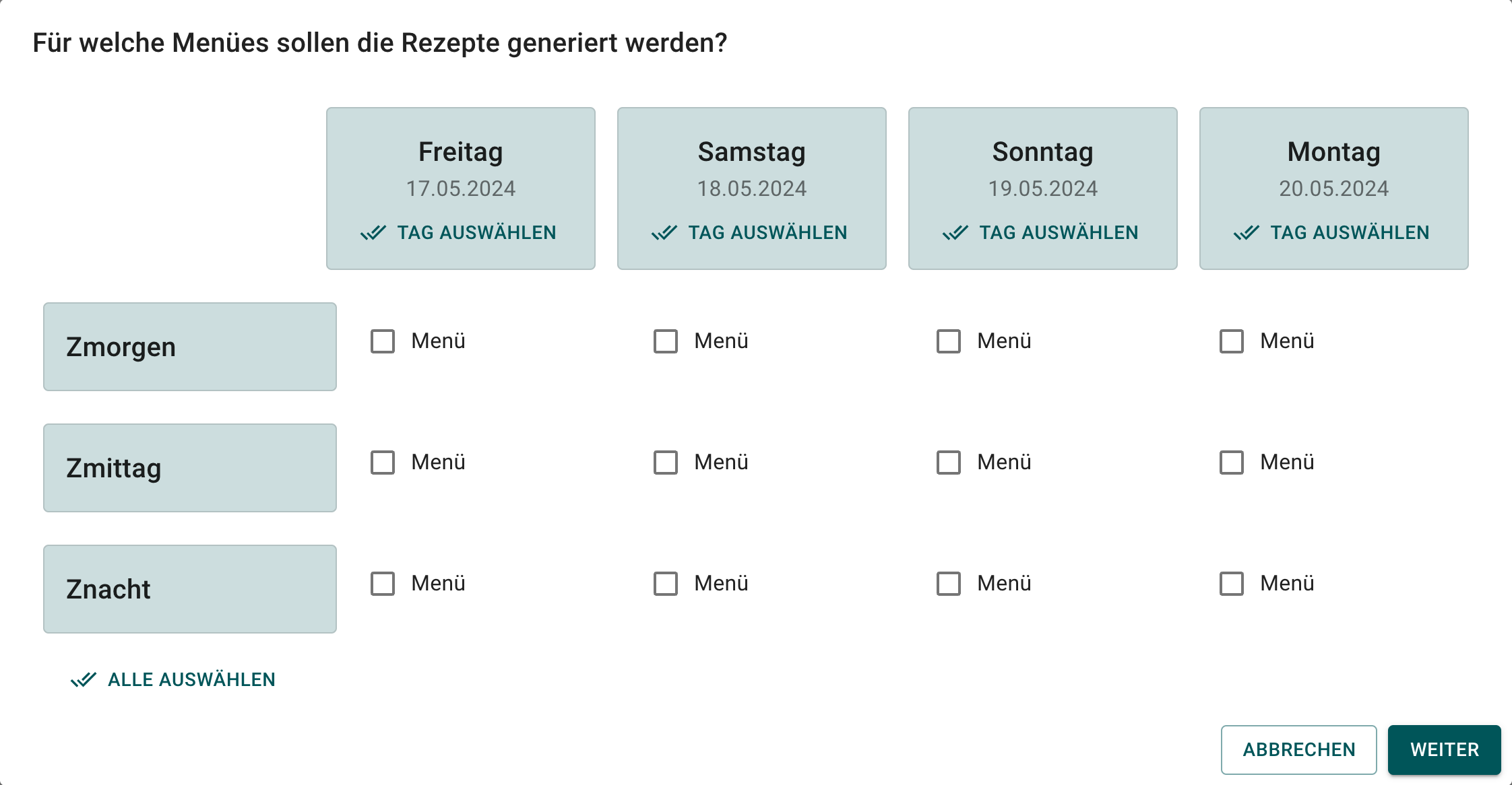 Menüauswahl