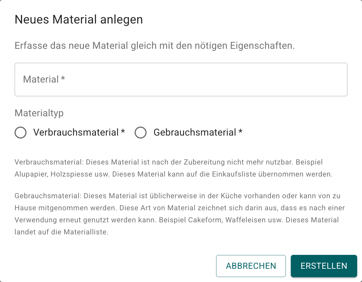 Neues Material anlegen