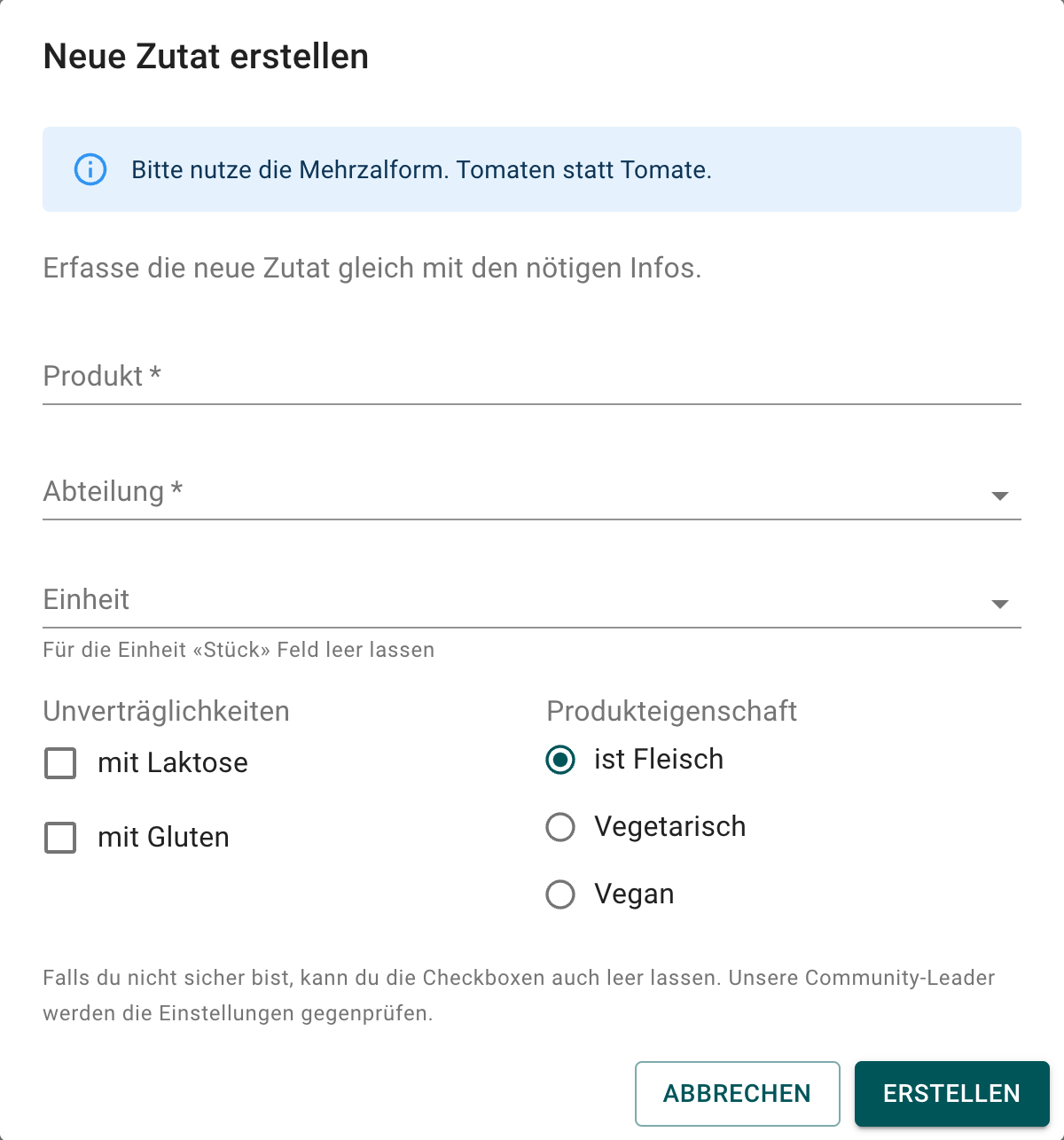 Dialog neue Zutat erstellen
