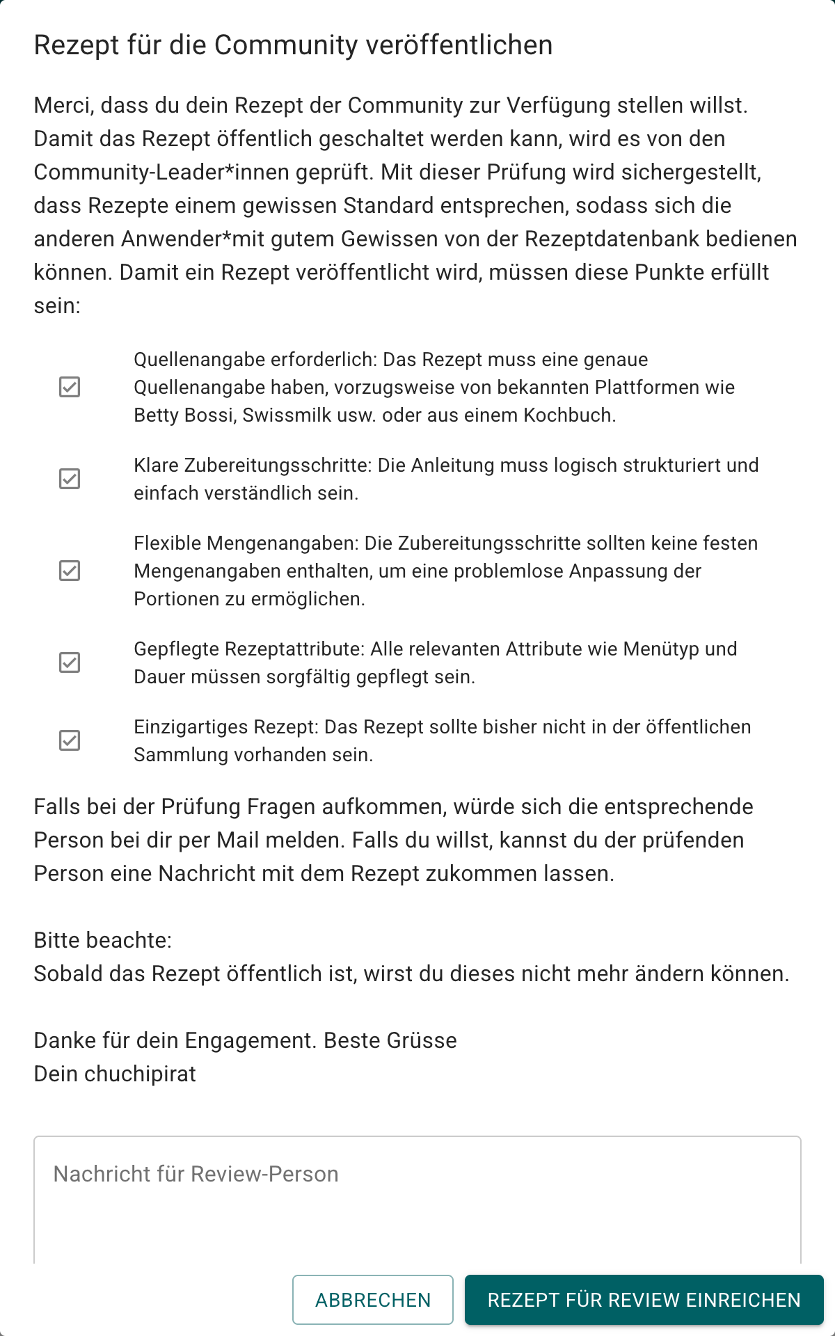 Dialog Rezept veröffentlichen